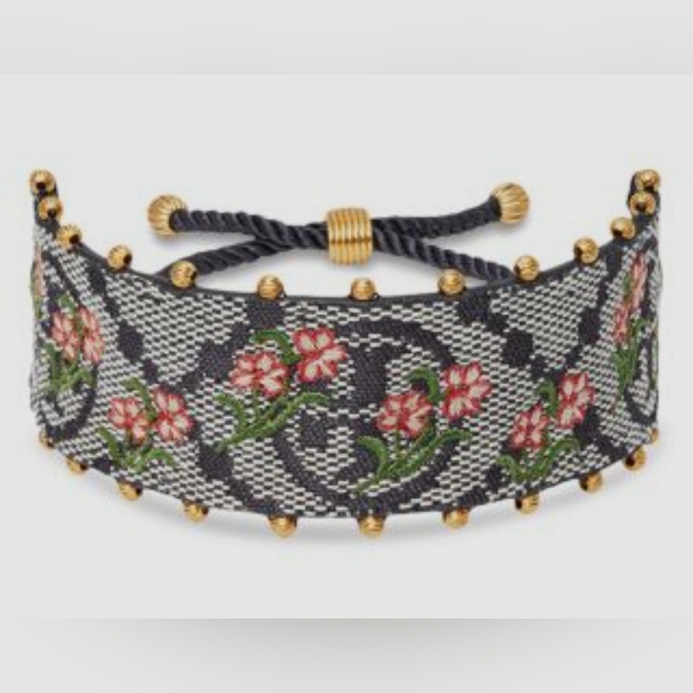 Tory Burch T Monogram Logo & Floral Embroidery rolled brass navy Slider Bracelet
